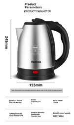 1.8L Modern Stainless Steel Whistling Electric Kettle Pot Cover LED Indicator 1000W High-Power US Plug -110-130V Automatic - Image 3